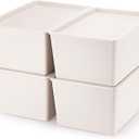 Menkxi 4 Pcs Storage Bins with Lids Plastic Stackable Containers for Organizing Shelves Christmas Ornament Box Baskets(Beige,Small)