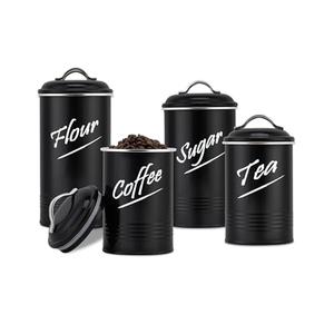 Hillbond Kitchen Canister Set of 2, Airtight Stainless Steel Food Storage Containers with Lids, Flour Sugar Canisters for Countertop, Metal Kitchen Storage Jars, Black