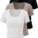 Neer 3 Pack Fitted Ribbed Scoop Neck T-Shirts for Women, Tight Short Sleeve Tops Slim Basic Tee Trendy Summer Blouses (S)