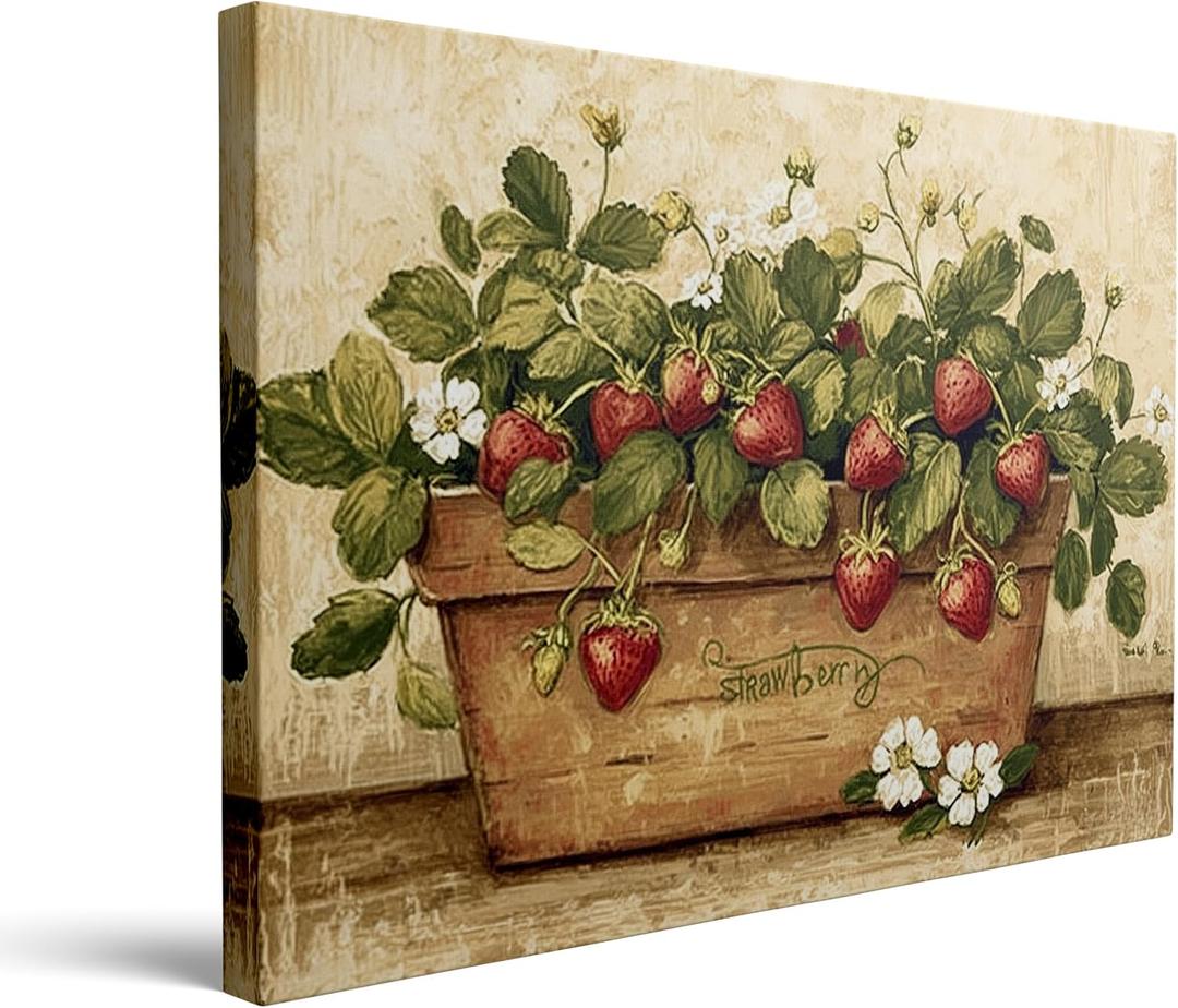 Canvas Wall Art Botanical Framed Style Vintage Strawberry Decor 16x24 Inch
