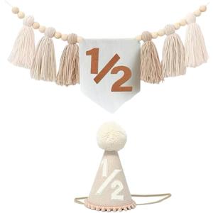 Boho Half Birthday High Chair Banner with Cone Hat White Sand Beige Neutral 1/2 Birthday Half Way To One Baby Boy Baby Shower Wall Hangings Decorations