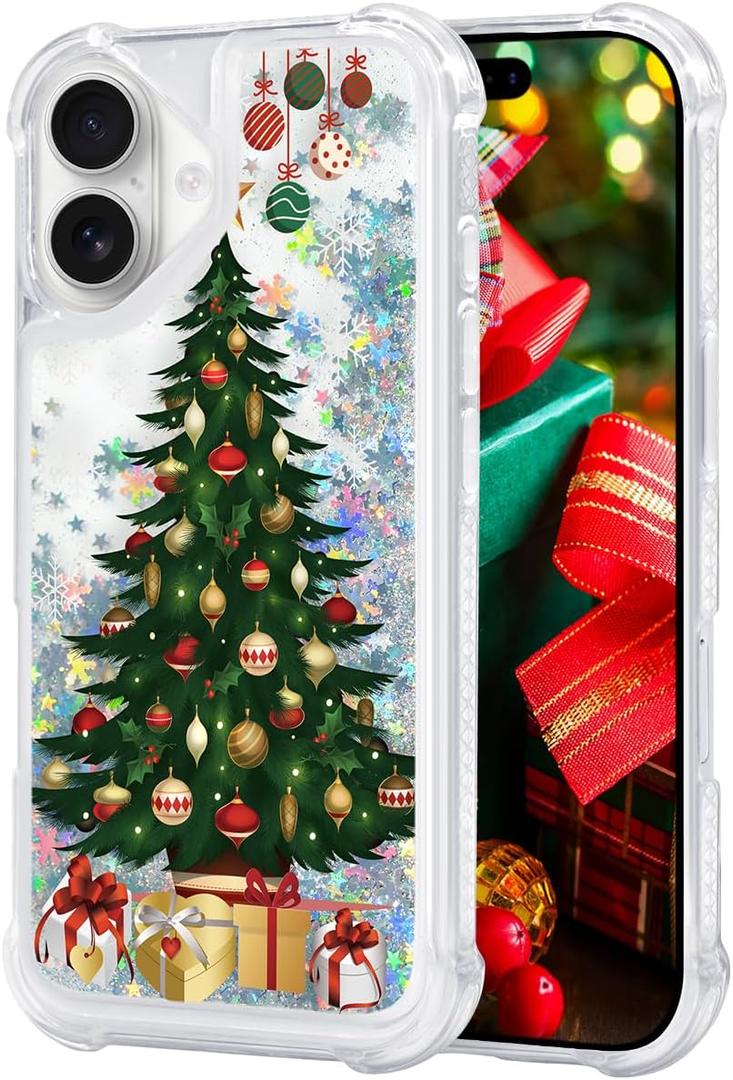 Glitter Christmas Case Compatible with iPhone 17 Bling Sparkle Floating Liquid Luxury Fashion Girly Women Cute Holiday Case for iPhone 17 (Christmas Tree)