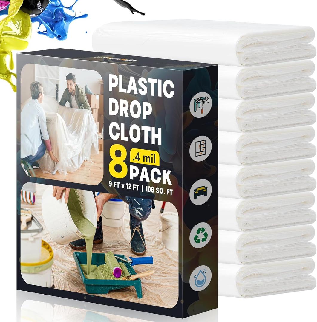 Plastic Drop Cloths for Painting, 9x12 Ft Extra Large Painting Supplies, Plastic Sheet Dust Cover for Furniture, Floor, Couch Protector (8-Pack)