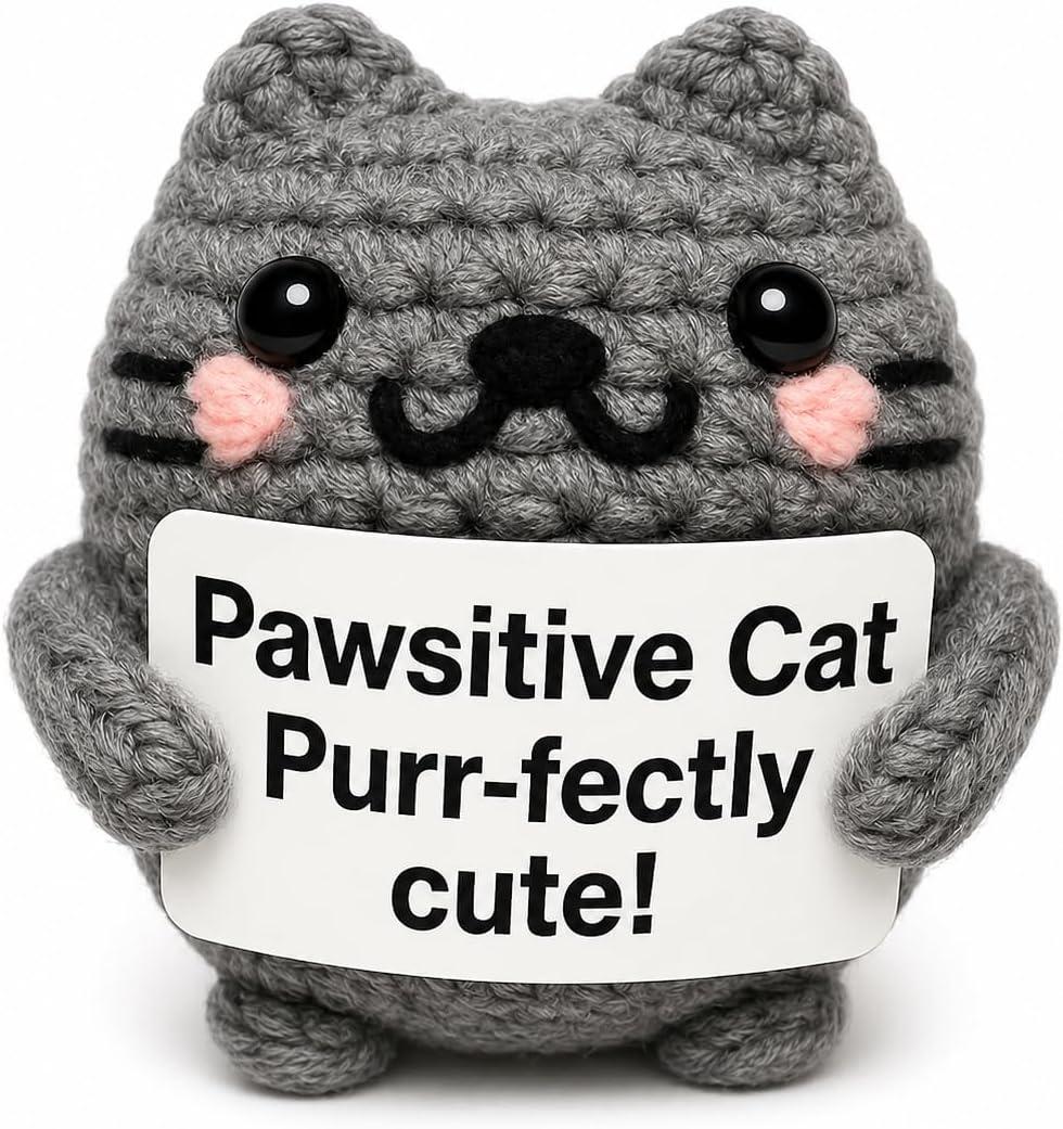 2 x Positive Cat Crochet Amigurumi Yarn Kitty with Card - Handmade Inspirational Gift for Cat Lovers, Friends, Coworkers, Desk Decor