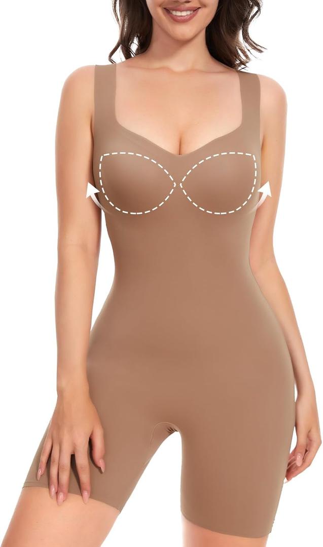 Decorus Women's Shapewear Tank Bodysuits - Plunge V Neck Sleeveless Shapewear Built in Bra V Backless Thong Body suits Tops (Large, Brown(mid Thigh))