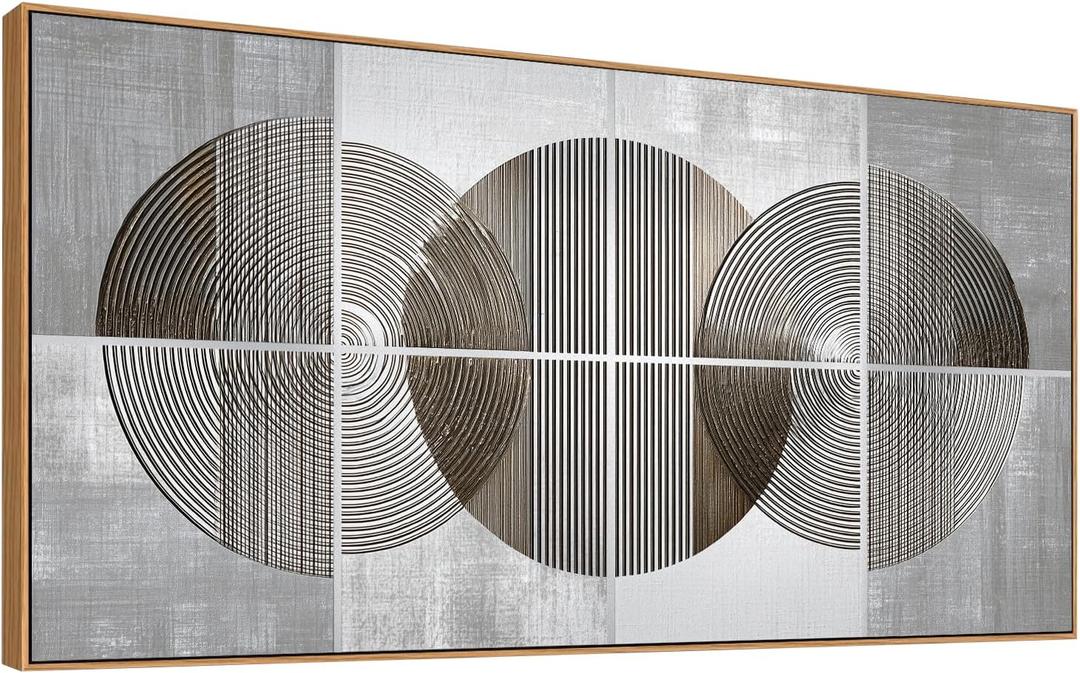 Tucai Decor Neutral Modern Abstract Wall Art - Large Horizontal Canvas Wall Art for Living Room Bedroom Office Grey Silver and Brown Circle Geometric Artwork Minimalist Framed Wall Decor Ready to Hang 20"x40"