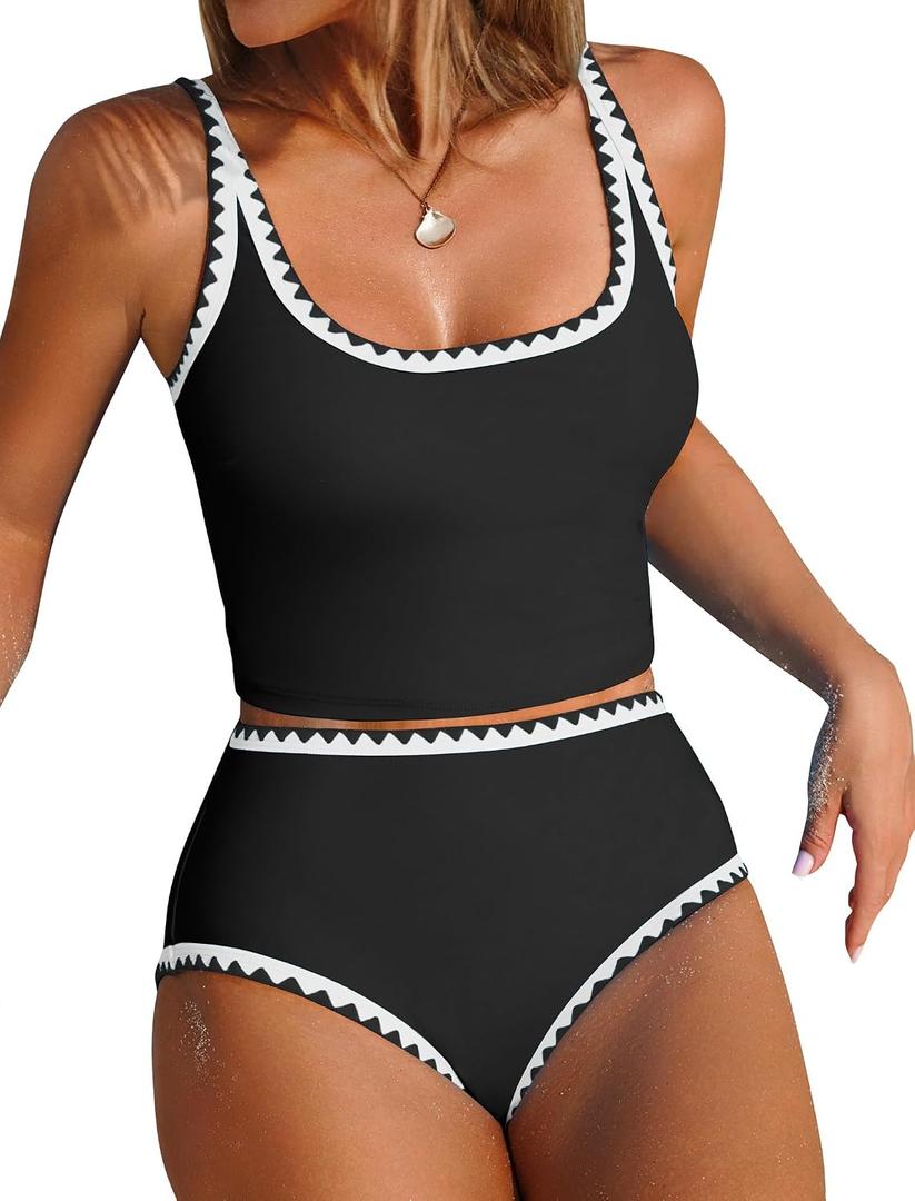 ZAFUL Tankini Swimsuit Tummy Control Bathing Suits Two Piece Swim Top with High Waisted Bottom (Black, XL)