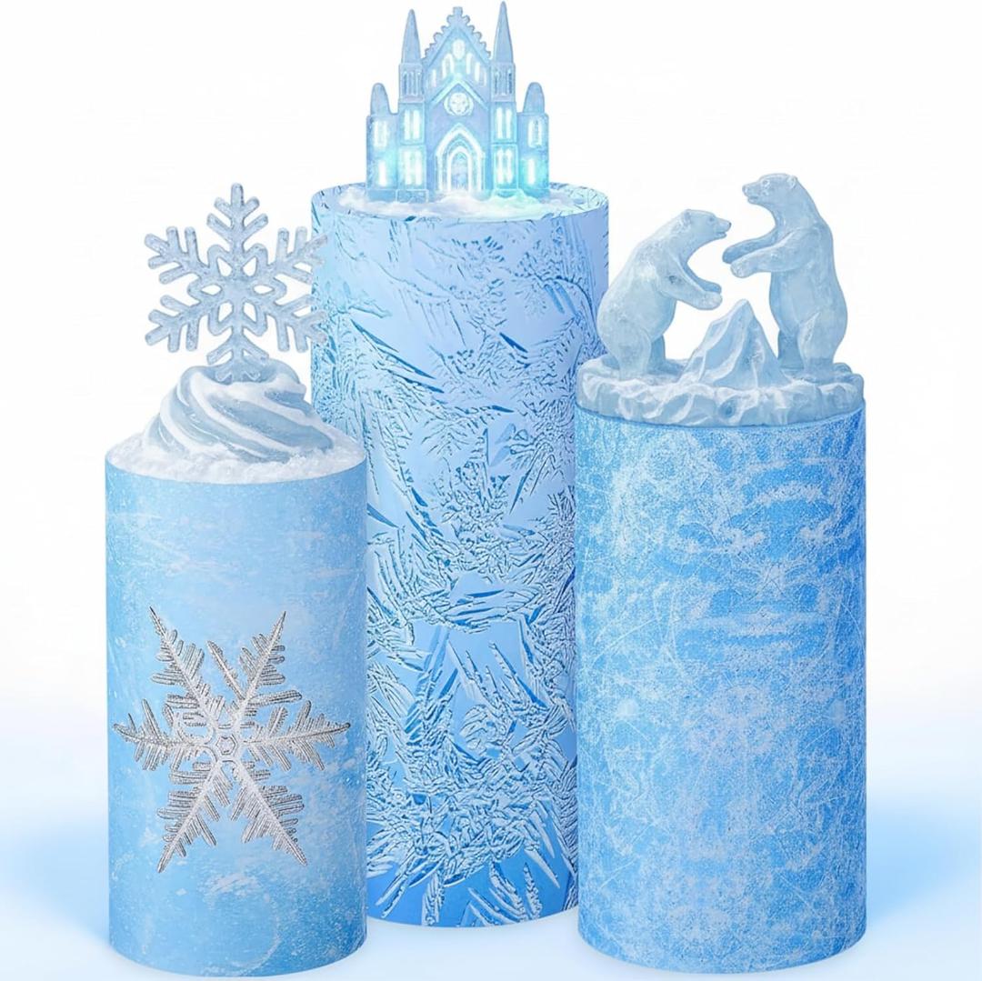 Set of 3 Wonderland Spandex Cylinder Stand Covers for Party, Snowflake Winter Cylinder Pedestal Covers, Dessert Tables Display for Birthday Tea Party Wedding Backdrop Decor(Blue, Snow)