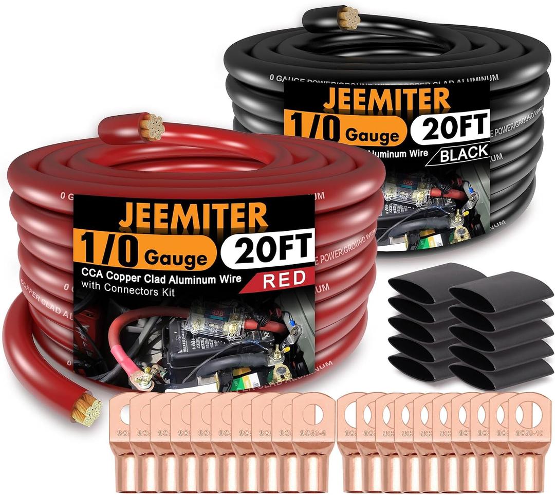0 Gauge CCA Power & Ground Wire Kit - 40ft Total (20ft Red & 20ft Black) with Terminals & Heat Shrink Tubing | for High-Current Car Amplifier and Audio System Installation