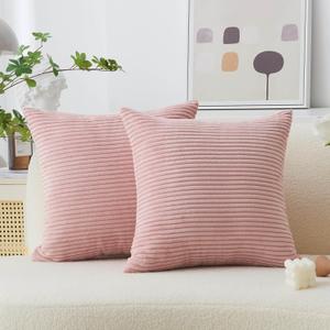 Home Brilliant Pink Throw Pillows for Sofa Euro Sham Striped Corduroy Velvet Pillow Covers 60x60 cm Set of 2 Cushion Cover for Couch Decor, 24 x 24 inch, Baby Pink