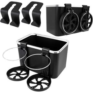 Car Armrest Storage Box with 2 Cup Holders, 2024 New Car Center Console Organizer for Water Tumbler Paper Towels Cellphones, Universal Car Storage Box Include 2 Car Back Seat Hook