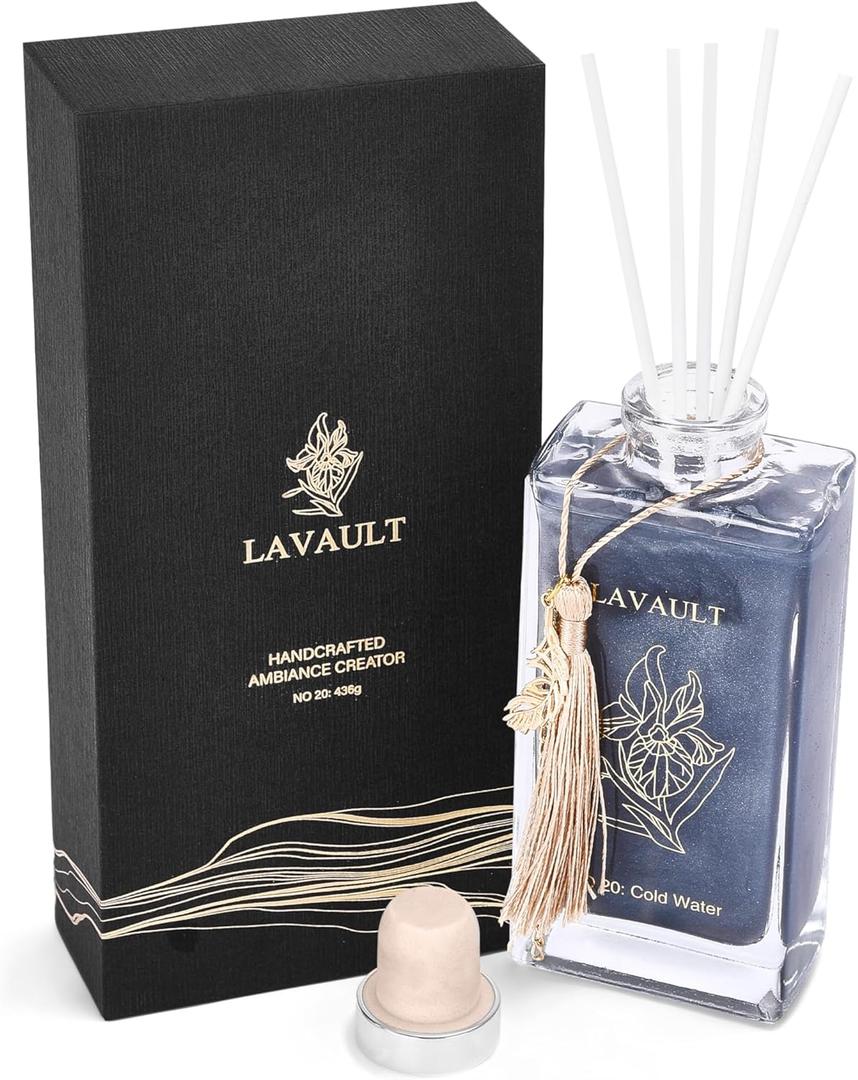 Lavault Reed Room Diffuser Set - Natural Aromatherapy Reed Sticks for Oil Diffuser - Perfect for Bathroom - Scent Diffusers for Home Environment - Air Freshener Diffuser - Grey - Cold Water Aroma