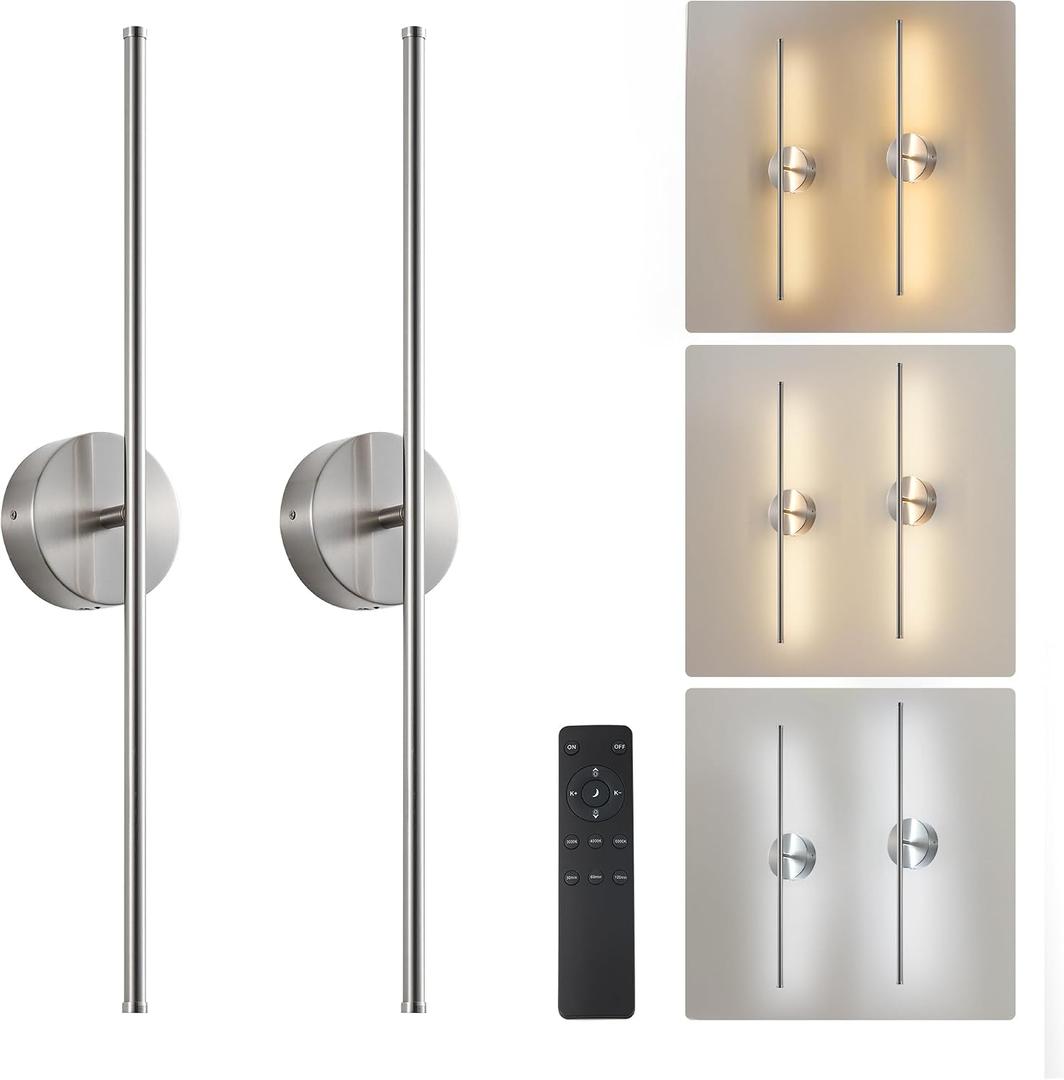 KARTOOSH Removable Battery Operated Wall Sconces with Remote Control 350°Rotate LED Wireless Wall Lights with 3 Color Temperatures & Dimming for Bedroom, Hallway,28.3 Inch (2 Pack)