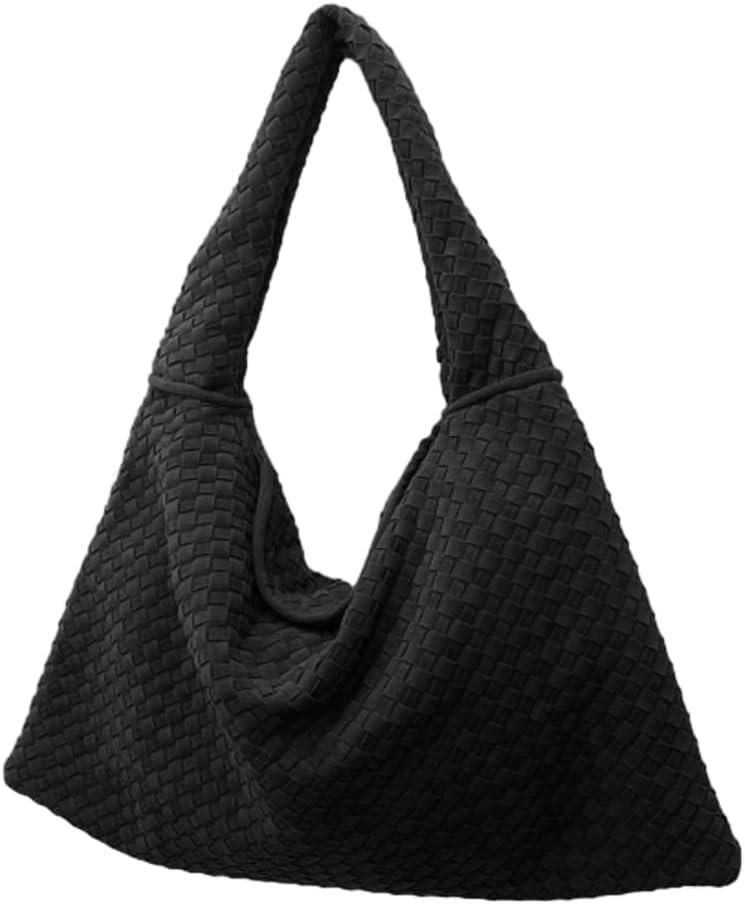 Suede Woven Hobo Bags for Women Slouchy Suede Tote Top-handle Bag Vintage Satchels Woven Purse, Black  