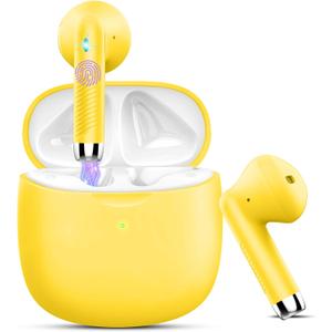 Wireless Earbuds, Bluetooth 5.4 Earbuds Stereo Bass, Bluetooth Headphones in Ear Noise Cancelling Mic, Earphones IP7 Waterproof Sports, 32H Playtime USB C Charging Case Yellow Ear Buds for Android iOS