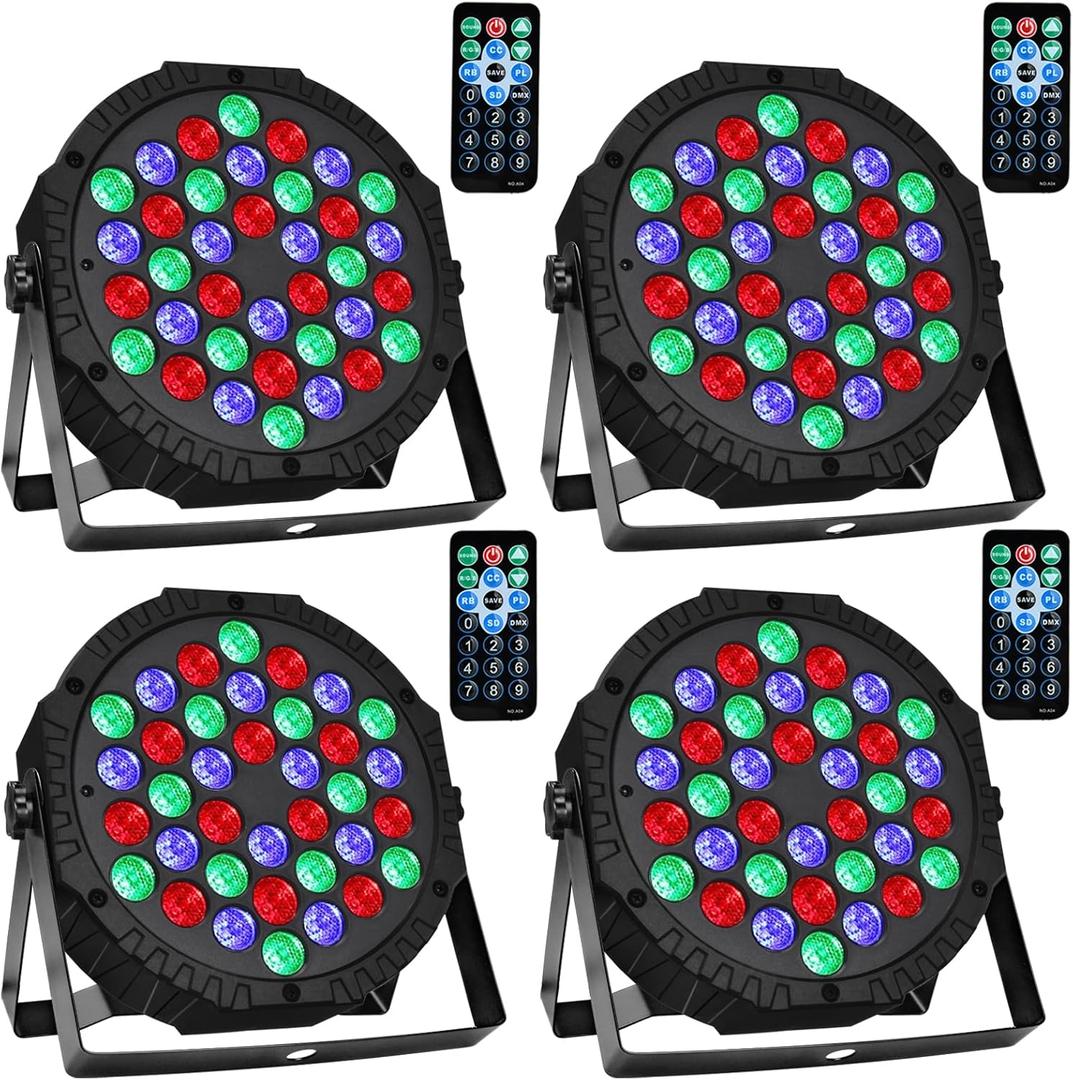 Manalete 36 LED Stage Lights, Par Light with Remote & DMX Controlled Sound Activated Uplights for Events Wedding Birthday Christmas Music Show Dance Party DJ Lighting, 4 Pack, Black
