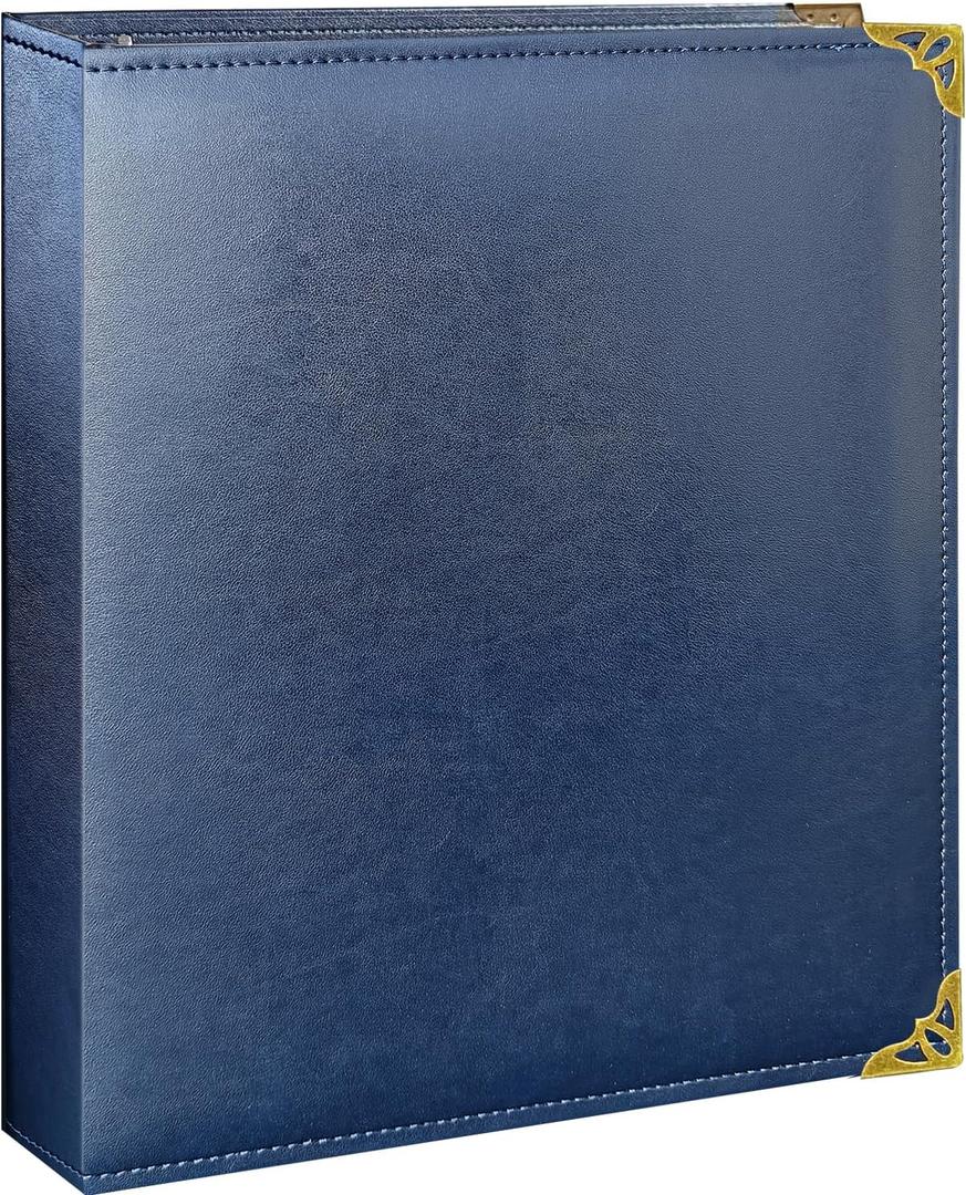 Vintage Leather 3 Ring Binder, 1 Inch D Ring, Holds 8.5" x 11" Paper Letter Size, Brass Corner Protectors, Faux Leather Cover, Professional Office & School Binder (1 Pack, Blue, 1 Inch)