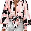 BTFBM Women Fashion Button Down Shirts 2026 V Neck Boho Printed Long Sleeve Blouses Dressy Casual Spring Fall Tops (XX-Large, Print Black Pink)