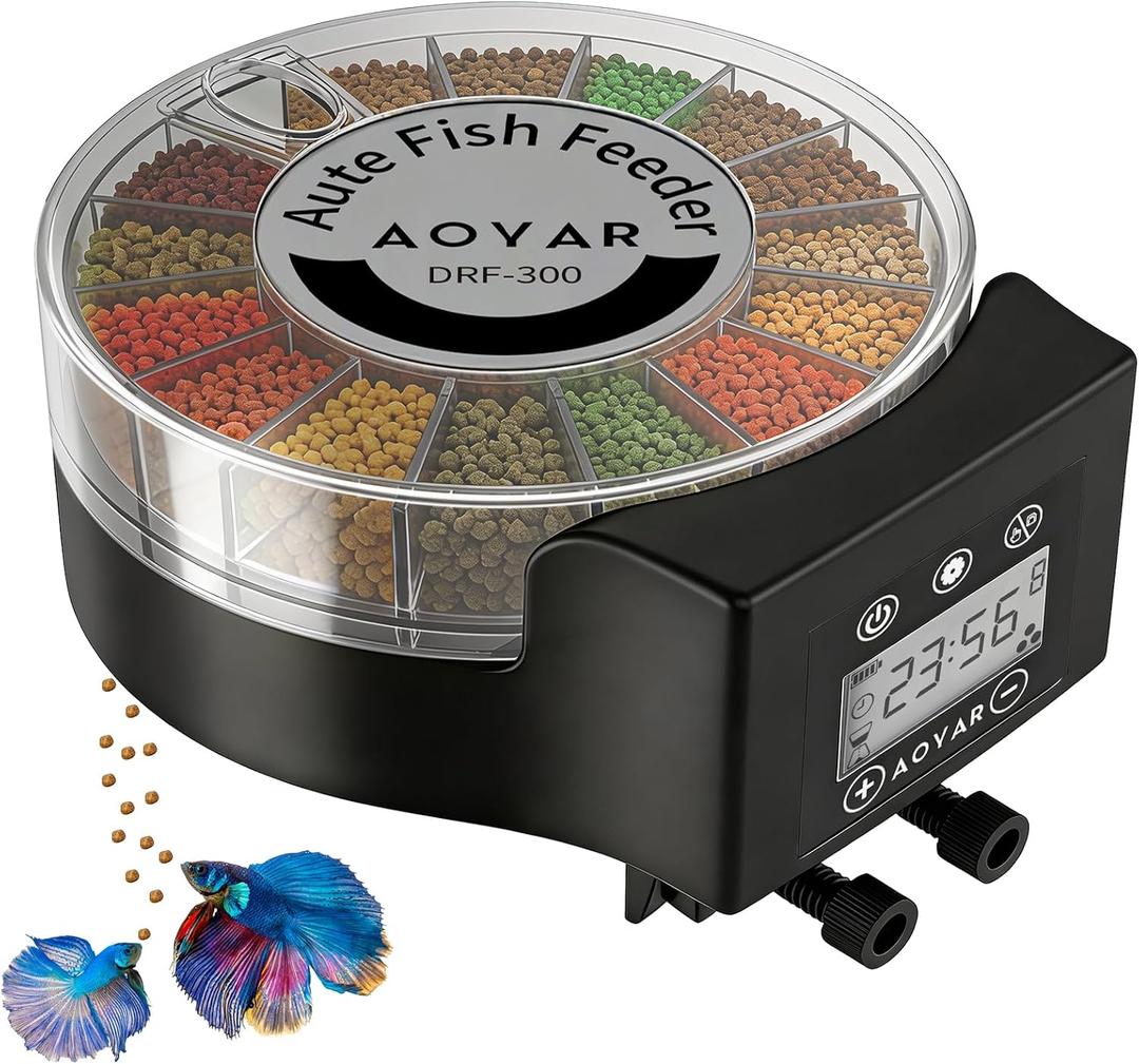Automatic Fish Feeder Dispenser for Aquarium: Auto Precision Food Feeding 300ml Large Capacity for Powder Flakes Pellet, Battery Feeders Timer for Small Tank Turtle Betta Koi Vacation Weekend Day