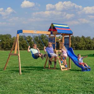 Backyard Discovery Bay Pointe Cedar Wood Swing Set with Wave Slide, Play Deck, Rock Wall Ladder, Belt Swings, Chalkboard, Canopy Roof, Outdoor Playset (Blue)