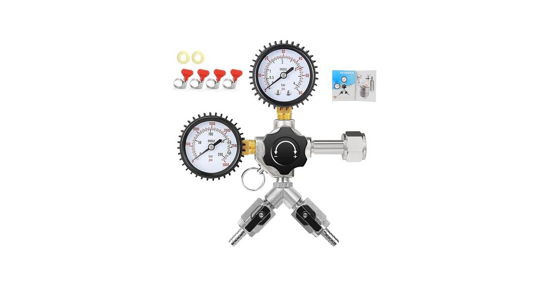 Ferroday  CO2 Regulator, 
Dual Outlet CO2 Regulator for Kegerator Dual Output CGA-320 Draft Beer Regulator with 0-60 PSI Working Pressure & 0-3000 PSI Tank Pressure, Beer Brewing Equipment for Home