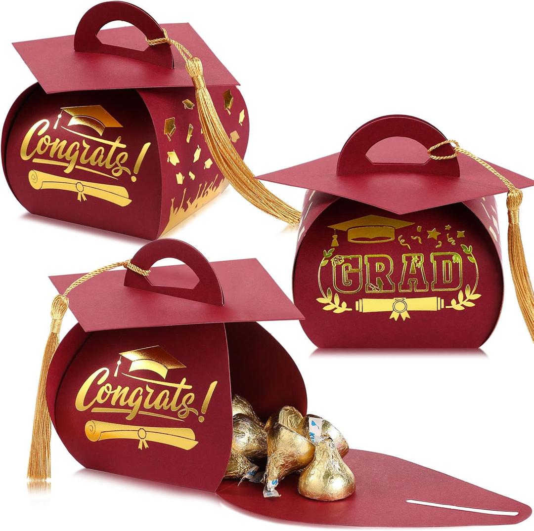 TaoBary 30 Pcs Graduation Cap Gift Boxes Graduation Decorations Class of 2025 Candy Box with Tassel for 2025 Grad Party Favors Supplies(Maroon, Gold)