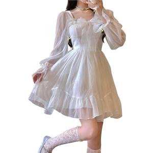 Lolita Dress White Kawaii Dress Women Chiffon Lolita Long Sleeve Mini Dresses Bow Fairy Robe Ruffles (White, M)