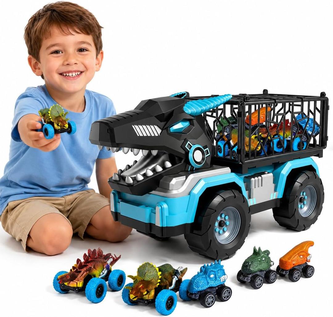 Toddler Robot Dinosaur Truck Toys for Kids Boys Ages 3-5 5-7, Black Carrier Dinosaur Truck with 5 Pull Back Dino Cars, 3 4 5 6 7 Years Old Boys Girls Birthday