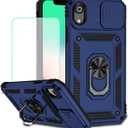 Case for iPhone XR Case with Tempered Glass Screen Protector and Slide Camera Cover, 360 Rotate Ring Stand Magnetic Cover for iPhone XR Blue