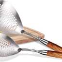 MARTE Skimmer Slotted Spoon,304 Stainless Steel Pasta Spider Strainer Ladle for Frying and Cooking,Kitchen Colanders & Food Strainers Set of 2Slotted Spoon with Heat-Resistant Solid Wood Handle