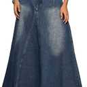 Women's Vintage Full Length Denim Skirts High Waisted Frayed Raw Hem Flared A Line Maxi Long Jean Skirts (Medium)