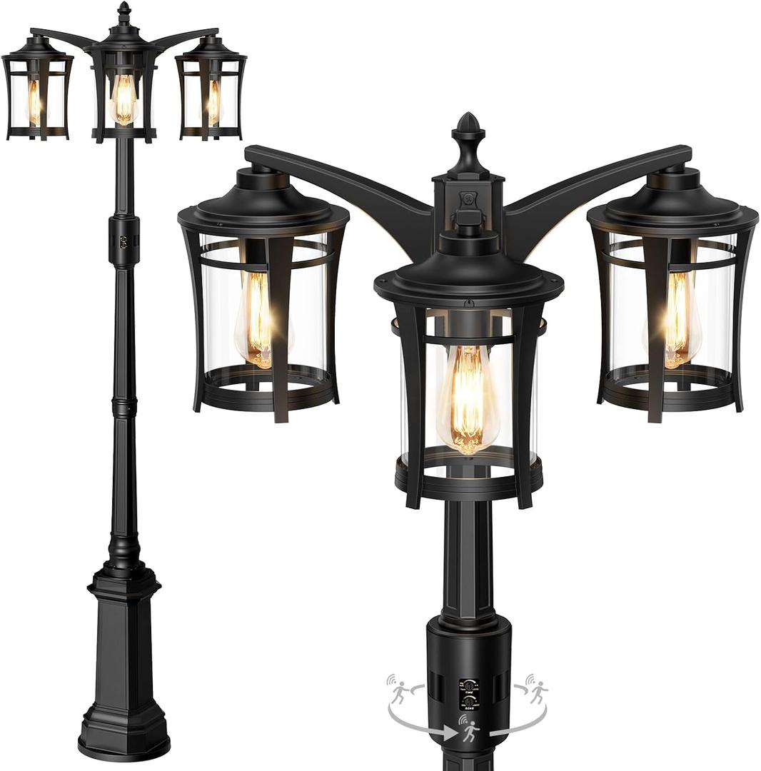 Lotsky Motion Sensor Outdoor Post Lights,360Detection Dusk to Dawn Lamp Posts Outdoor Lighting with 3 Modes,Black 3-Head Aluminum Outside Street Light for Garden,Driveway,Patio,Waterproof,E26 Base