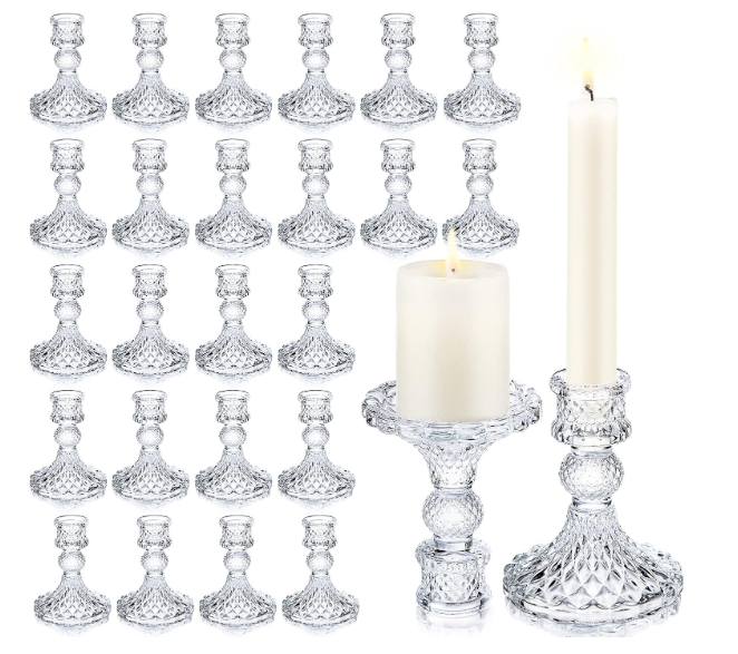 Sieral 24 Pcs Clear Taper Candle Holders 4'' Tall Glass Candlestick Holders Bulk Crystal Decorative Stand Wedding Stick Holder for Anniversary Party Dining Table Festival Decor