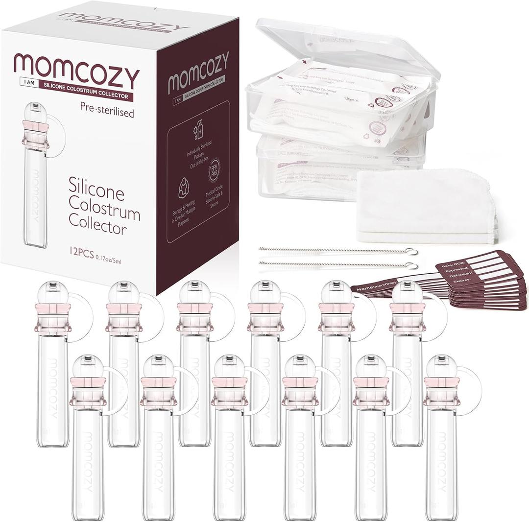 Momcozy Colostrum Collector Reusable Breast Milk Collector with Storage Case and Cotton Wipe, Portable Colostrum Container BPA Free, Multi-Use Collector 5ml-12pcs