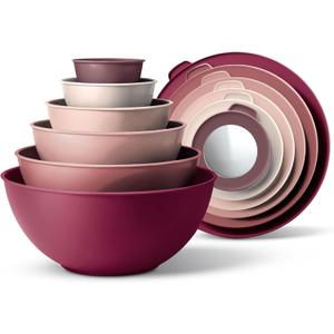 COOK WITH COLOR Mixing Bowls with Lids - 12 Piece Plastic Nesting Bowls Set includes 6 Prep Bowls and 6 Lids, Microwave Safe Mixing Bowl Set, Rose TPR Lid