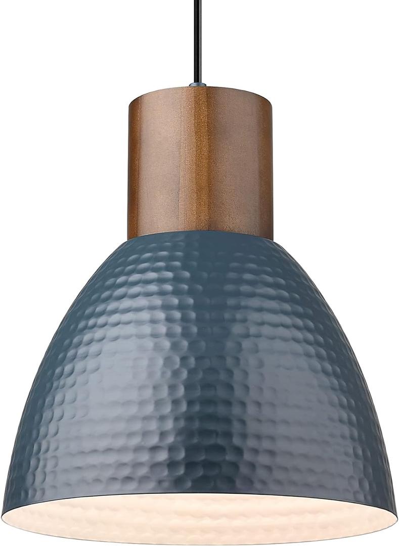 ELYONA Hammered Pendant Light for Kitchen Island, 10.2 Metal Solid Wood Bar Hanging Lamp, Adjustable Height Industrial Pendant Lighting for Dining Room, Bedroom, Bar, Office, Modern Blue (Medium)