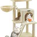 Feandrea Cat Tree, 37.8-Inch Cat Tower, Multi-Level Condo with Widened Perch, Scratching Posts and Ramp, 2-Door Cave, Hammock, Beige UPCT51M