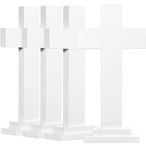 Bucherry 4 Pack 7.87 Inch Wood Crosses with Stand, Wooden Crosses Easter Cross Tabletop Decor Religious Christian Gift Baptism Centerpiece for Table Craft Wedding Church Sunday First Communion (White)