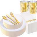 YOUBET 175PCS Gold Rimmed Plastic Plates - White and Gold Disposable Plates Includes 25 Dinner Plate, 25 Dessert Plate, 75Silverware, 25 Cups, 25 Napkins for Wedding & Party & Thanksgiving