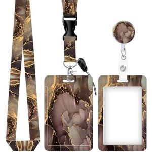 ID Badge Holder with Retractable and Detachable Lanyard, Cute Badge Reel Breakaway Lanyard with Carabiner Clip for Teachers, Nurses, Perfect Work and Office(Luxury Waves Golden Marble)