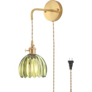 Vintage Wall Sconce Wall Lamp with Green Tulip Glass Shade Hanging Wall Sconce with 4.9FT Plug In Cord, Modern Wall Lamp Fixtures Decor for Bedside Bedroom Indoor Doorway