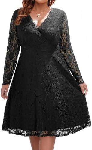 Women Plus Size Wedding Guest Dresses Cocktail Black Wrap Lace Fall Formal Long Sleeve Knee Length Evening Party Dress 18W