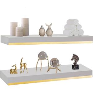 Thicked 1.78 inch Pine Wood White and Gold Floating Shelves 25 7.9 inch With 1/5 inch Heavy Duty Bracket,White and Gold Shelves With Stainless Steel Trim Strip, Gold shelves for wall,bedroom Set of 2 (25*7.9inch)