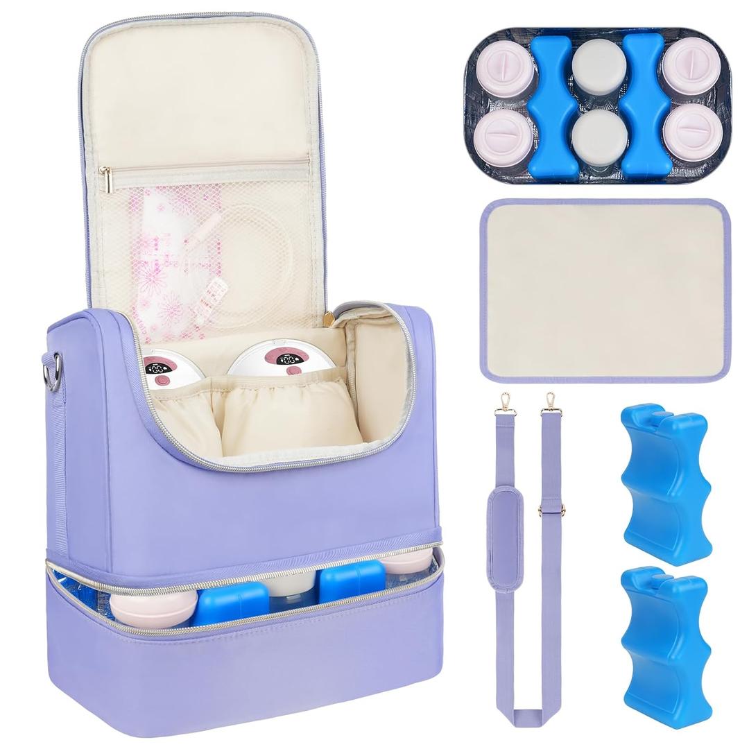Wearable Breast Pump Bag with Cooler Compartment Fits for Willow/Elvie/Momcozy M5/S12 Pro/Medela, Breast Milk Travel Tote Bag with Ice Pack & Waterproof Mat,Purple