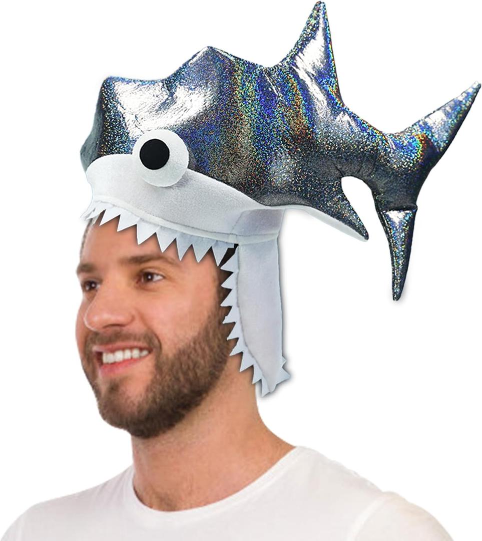 Shark Hat Twinkling Silver Shark costume Headwear. Handmade Party Crazy Shark Hat with 3D Embroidered Eyes.