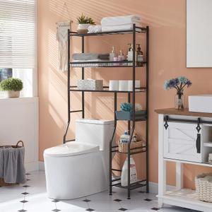 Lauren&Harold 6-Tier Over The Toilet Storage with Side Rack, 32.8" W x 12.2" D x 61" H Over Toilet Bathroom Organizer, Freestanding Above Over Toilet Storage Shelf for Restroom, Laundry, Black