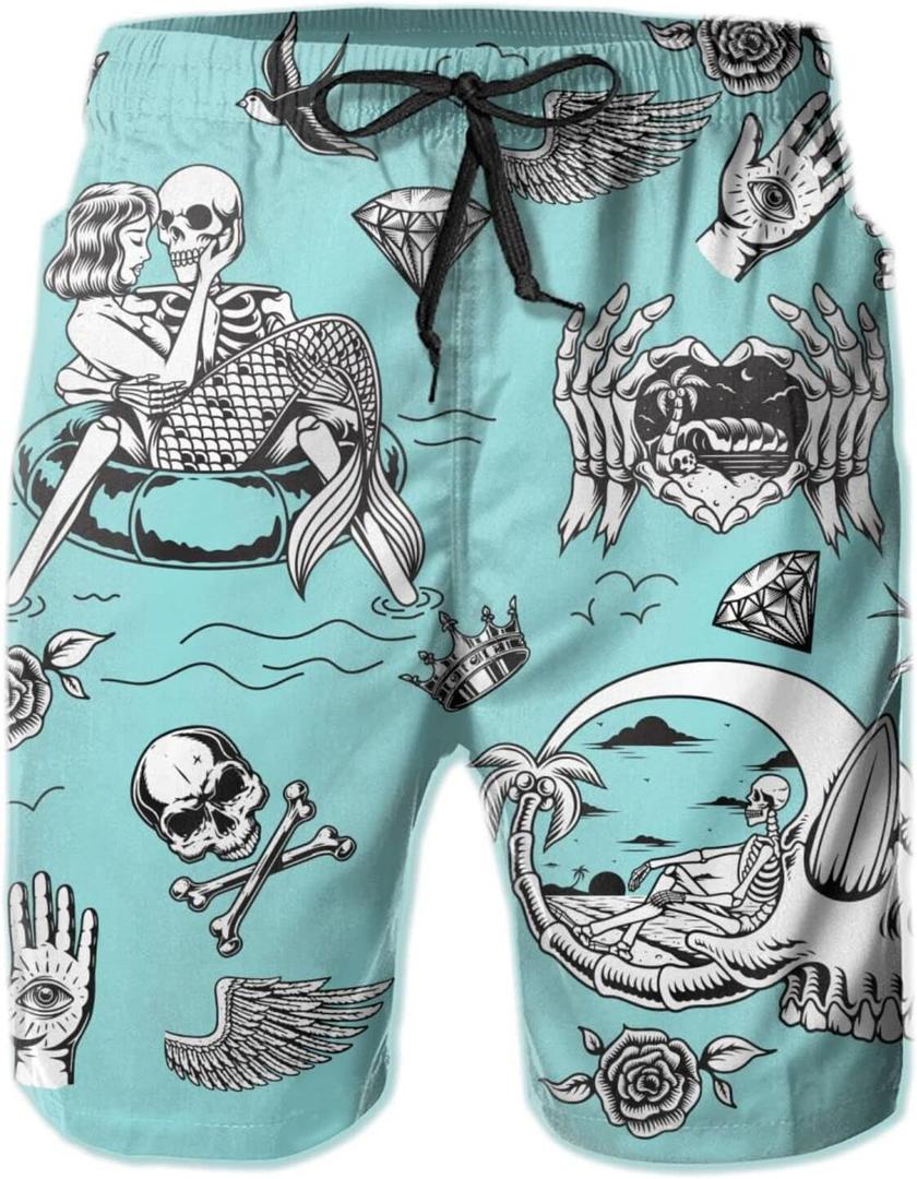 FREEHOTU Men's Swim Trunks Beach Board Shorts Quick Dry Swimwear Sports with Pockets (Medium, Bluemint Skull Mermaid Skeleton Teal)