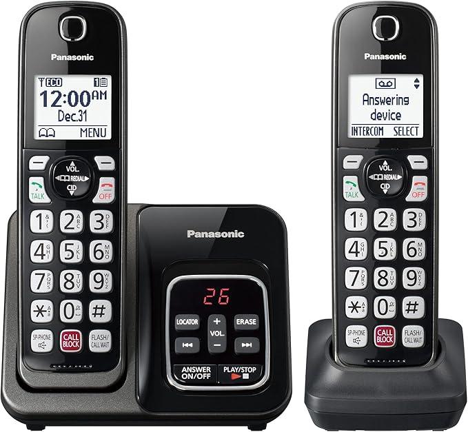 Panasonic Cordless Phone with Answering Machine, Advanced Call Block, Bilingual Caller ID and HighContrast Display, Expandable System with 2 Handset Cordless Telephones  KXTGD832M (Metallic Black)