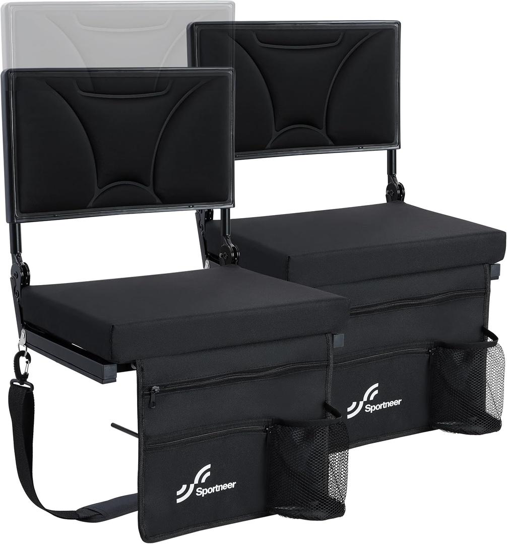 Sportneer Stadium Seats with Back Support: Height Adjustable Thick Padded Stadium Seats with Pocket, Shoulder Strap, Carry Handle, Cup Holder, Folding Stadium Chair for Sports Events Concerts Outdoor (Black, 2 Pack)