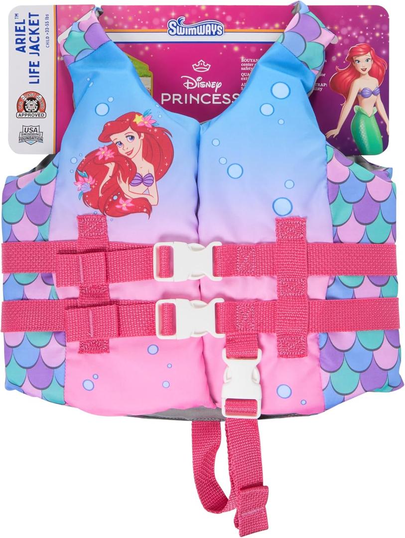 SwimWays Disney Princess Swim Trainer Life Jacket, US Coast Guard Approved Life Vest Kids Swim Vest, Pool Floats & Life Jackets for Kids 33-55 lbs, Ariel, One Size